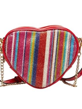 Betsey Johnson Sparkling Rhinestone Striped Heart Crossbody, Red